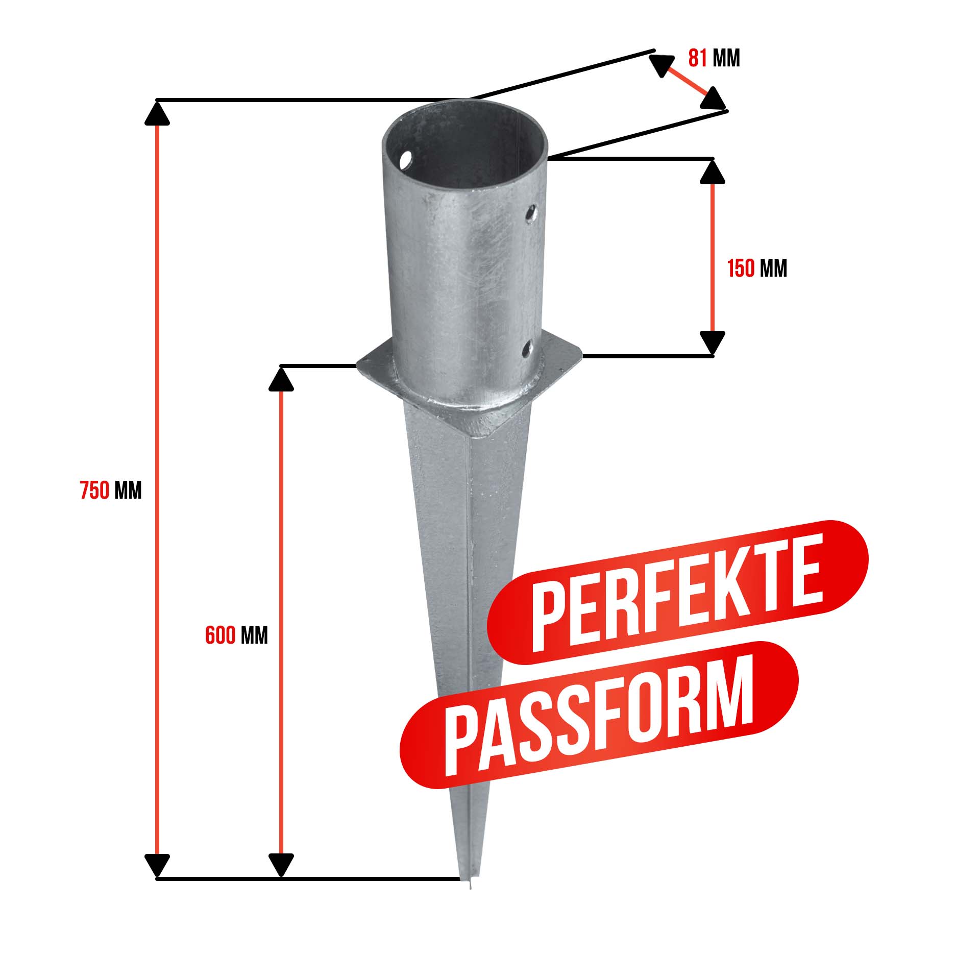 Einschlaghülse/Bodenhülse rund (81 mm) für gefräste und teilgefräste Pfosten, verzinkt, silber