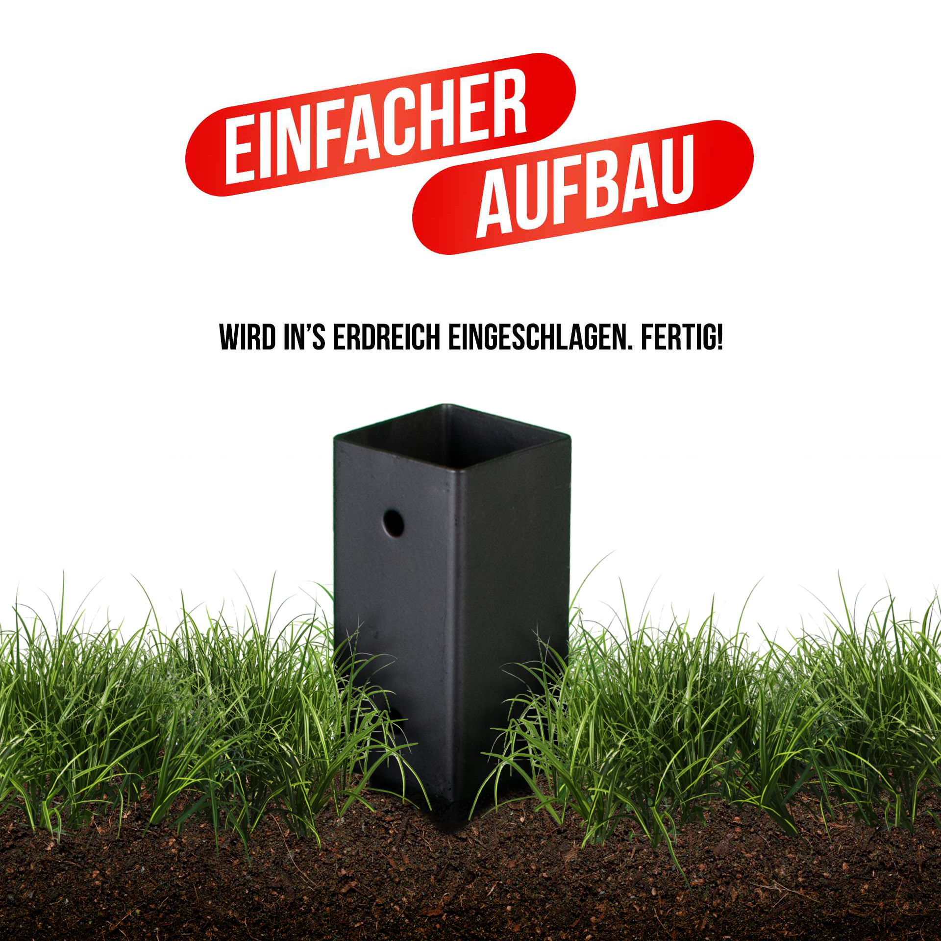 Einschlaghülse/Bodenhülse (71 mm) für Vierkantpfosten, pulverbeschichtet, schwarz